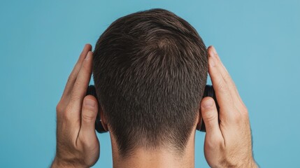 Fototapeta premium Young man enjoying music with headphones against a blue background.
