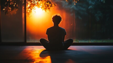 Silhouette of a person meditating during sunset, peaceful atmosphere with warm colors and soft lighting.