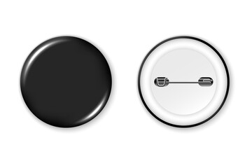 Black badge mockup. Round badge button brooch. Realistic black blank glossy round button badge pin with plastic back cover. Vector illustration.