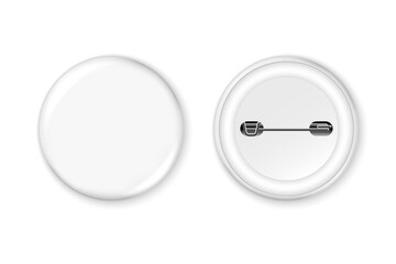 White badge mockup. Round badge button brooch. Realistic white blank glossy round button badge pin with plastic back cover. Vector illustration.