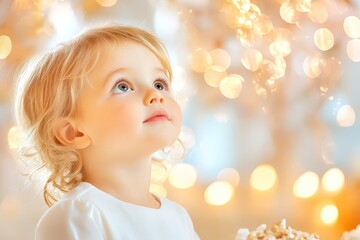 Fototapeta premium A close-up of a young child with bright, sparkling eyes gazing at glowing Christmas lights in a warm, festive setting.