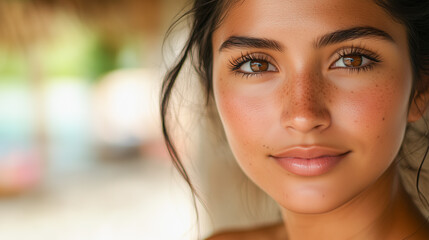 A Mexican woman with dark skin smiles at the camera outdoors. Her face is framed by long dark hair, and she is outdoors at a beach resort with a blurred background.