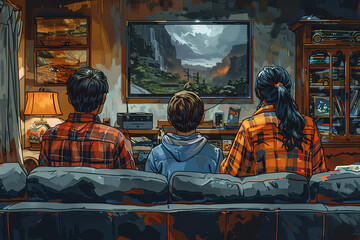 family of three playing video games together in the living room, space for text