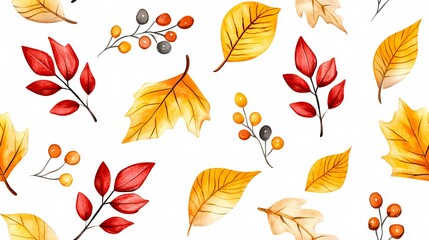 Obraz premium Colorful Autumn Leaves Pattern: A Vibrant Watercolor Design for Seasonal Decor and Botanical Inspiration