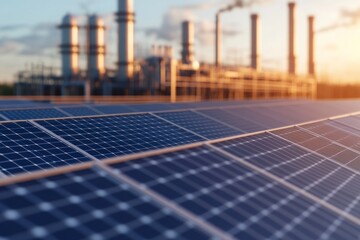 Harnessing renewable energy a close-up view of solar panels with industrial infrastructure in the background at sunset