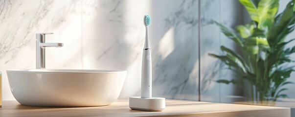 Fototapeta premium Electric toothbrush charging on counter in bathroom.