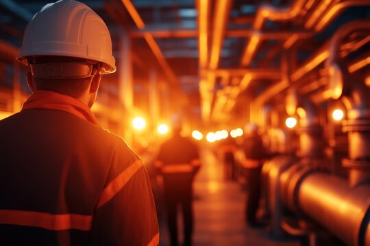 A worker observing industrial operations amidst a warm glow of pipelines and machinery in a modern facility