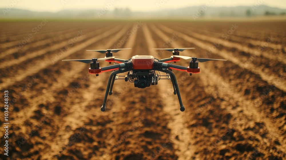 Poster a drone hovers above meticulously aligned furrows of plowed soil in the fields. the golden hour cast