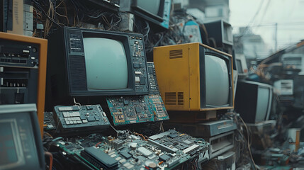 A Pile of Scrap Electronics Featuring Old Monitors, Cables, and Circuit Boards in an Urban Environment