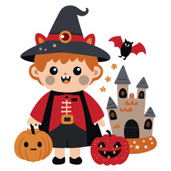 Pumpkin, boy and Haunted Castle. A set of spooky pumpkins in front of a haunted castle. Great for adding Halloween vibes to any project.