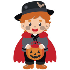 Boy in Vampire Cape. A boy wearing a vampire cape and holding a pumpkin, perfect for festive Halloween designs or invitations.