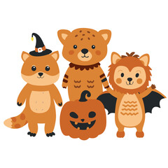 Group of Halloween Animals. Adorable woodland animals dressed up in cute Halloween costumes, perfect for children's projects or decorations.