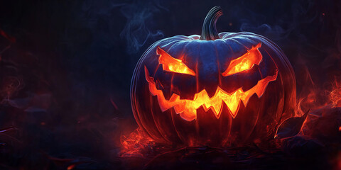 Fototapeta premium Spooky Halloween Jack-o'-Lantern with a Glowing Smile, Halloween background,Generated By Ai