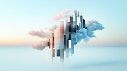 Fototapeta premium A surreal, fragmented cityscape, with a single building appearing both transparent and opaque, representing the paradoxical nature of encryption, simultaneously revealing and hiding data.