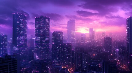 Fototapeta premium Majestic Cityscape at Dusk with Purple and Pink Skyscrapers Illuminated Against a Colorful Sky