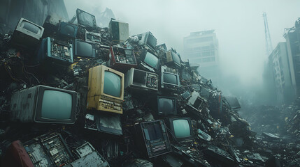A Mountain of Electronic Waste with Old Computers Piled High in a Dismal Landscape