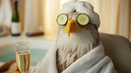 This eagle is enjoying a luxurious spa day with cucumber eye treatment and champagne.