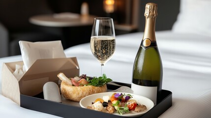 Elegant in-room dining experience with gourmet meal and sparkling wine at a luxury hotel suite during evening