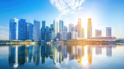 Fototapeta premium Early morning view of Singapore CBD skyline reflected on the waters of Marina Bay.