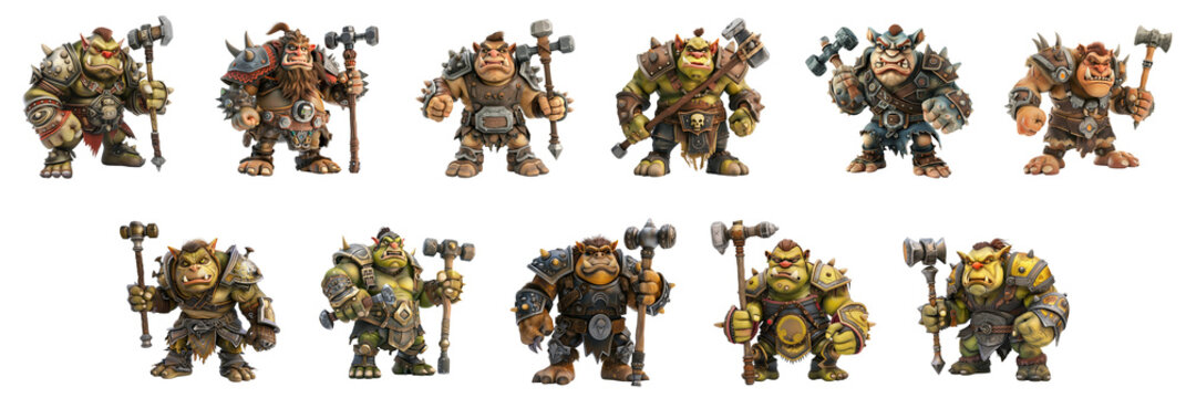 Angry ogre with armor and mace  posing, 3D cartoon illustration, isolated on transparent background, cute animated style, beautiful colors, Generative ai