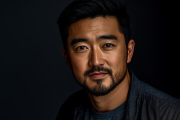 Fototapeta premium A professional photograph of a man with black hair and a short beard, wearing casual.