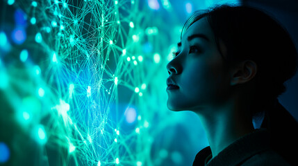 Woman looking at a holographic projection of a complex network. Concept, idea of ​​a quantum field of possibilities.