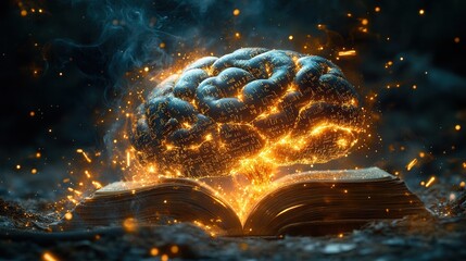 Glowing brain above an open book, symbolizing knowledge and creativity. Captures the spark of learning and intellectual inspiration.