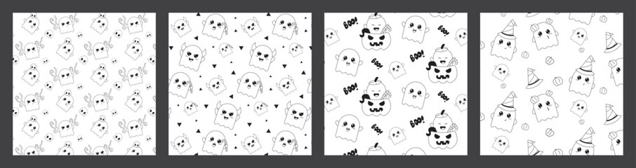 Seamless patterns set of cute ghost characters with horns, pumpkins, skullls, candy halloween spooky vector, on white background for wrapping papers, wallpapers, packaging, scary autumn illustration