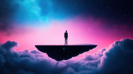 A lone, surreal creature, half human, half star, stands on a luminous, dream like platform, gazing out at the vastness of the universe, its presence blurring the lines between reality and dreams.
