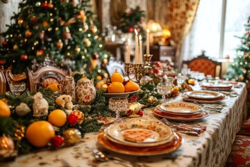 Fototapeta premium A beautifully set table for a Christmas dinner with a festive garland, plates, and a teapot.