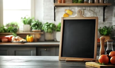Blank Chalkboard on Kitchen Counter with Fresh Herbs and Cooking Ingredients