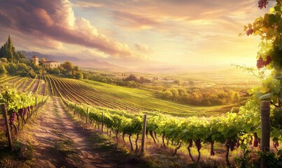 Naklejka premium Vineyard path with sunset and grapes.