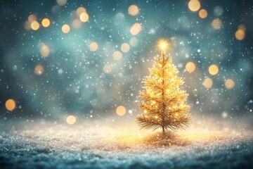 Naklejka premium A golden Christmas tree glows brightly against a snowy backdrop, surrounded by twinkling lights.