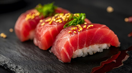 Fresh Tuna Sushi Delight, exquisite Japanese cuisine, vibrant colors, elegant presentation, minimalistic style, perfect for food enthusiasts