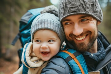 Father carrying infant on back while hiking outdoors. Both wearing cozy knit hats and winter clothing. Smiling, sharing a joyful moment in nature, bonding, and adventure in a forest setting.