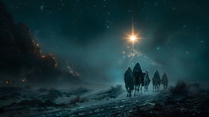 A cinematic shot of astrologers riding camels under a starlit sky, a radiant star glowing intensely above them, casting a soft, warm light on the desert landscape,