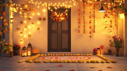 Festive diwali decor with rangoli and illuminated lanterns in a warmly lit courtyard scene