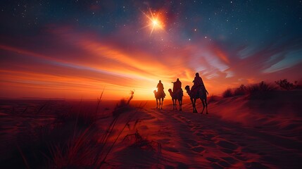 A cinematic view of astrologers on camels pointing at a radiant star, the twilight sky glowing with orange and purple tones, the desert bathed in soft light, long shadows on the dunes,