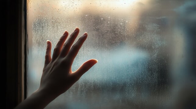 A hand touching a foggy window, symbolizing longing and introspection in a moment of reflection.