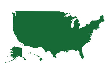 Colour map of the USA. The outline of the USA with a fill. Green map.