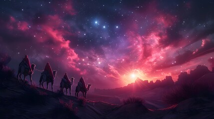 A magical desert scene with astrologers pointing at a bright eastern star, the twilight sky glowing with pink, orange, and violet hues, camels resting on the sand dunes,