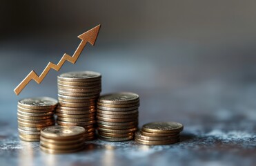 Growing Stack of Coins with Upward Arrow Symbolizing Financial Success