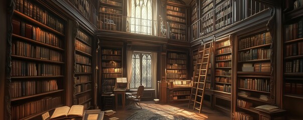 A grand library filled with books and sunlight.