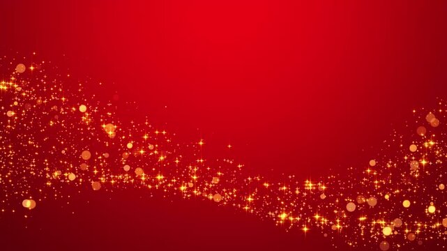 red christmas background with golden glitter shiny stars and bokeh lights trail animation, holiday new year motion background