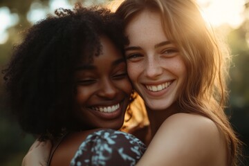 Fototapeta premium Joyful Embrace of Friends in Sunlight