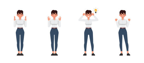 Business woman working and presentation in various action character vector illustration design set. Woman wear white shirt.