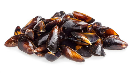 Shellless Mussels Display, a close-up view of a cluster of shell-free mussels arranged on a clean white surface, highlighting their texture and color