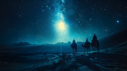 A surreal scene of three astrologers on camels, the sky dominated by a radiant eastern star, desert sands beneath a moonlit glow, stars twinkling vividly,