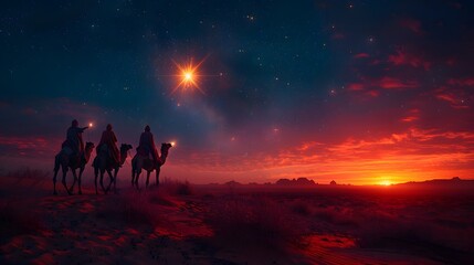 Fototapeta premium A serene twilight desert scene with three astrologers on camels pointing toward a radiant star, the sky blending from deep blue to soft orange, the horizon glowing with the last light of day,