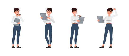 Business woman working and presentation in various action character vector illustration design set. Woman wear white shirt.